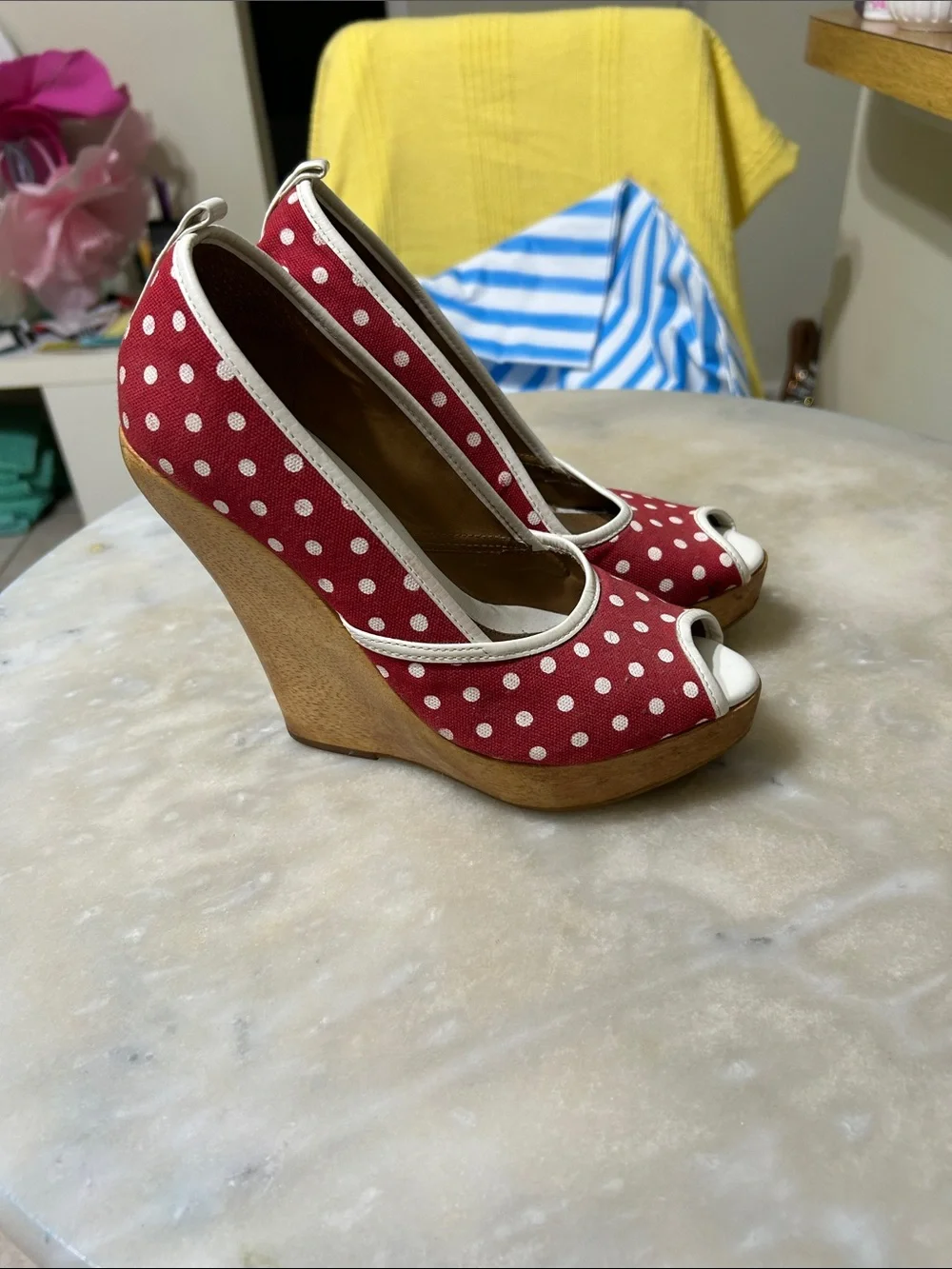 bebe Red Polka Dot Peep-Toe Platform Pumps with Cream Trim